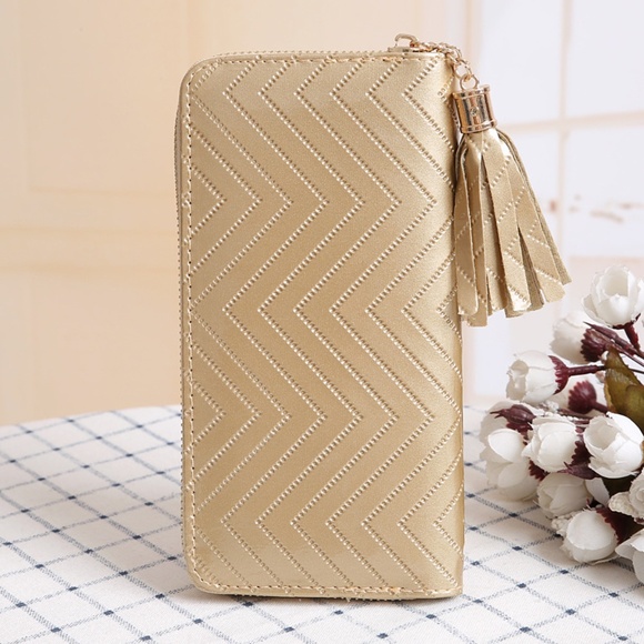 $10 ADD ON ITEM- Gold Chevron Pattern Tassel Wallet Stylish Zippered Clutch - Picture 8 of 10